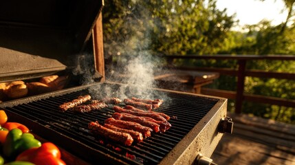 Grilling fresh meats outdoors with smoke rising, surrounded by v