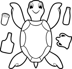 A cute cartoon turtle surrounded by trash items, promoting awareness about ocean pollution and the need for environmental conservation.