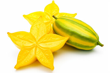 Fototapeta premium Three yellow flowers with a star shape. The flowers are cut in half and are placed on a white background