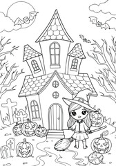 Halloween Cartoon house Illustration for Coloring page
