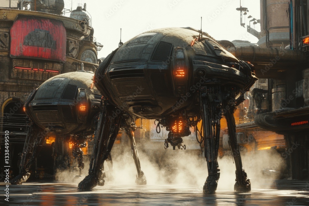 Aufkleber two robotic vehicles walk on a wet surface in a futuristic cityscape during the day