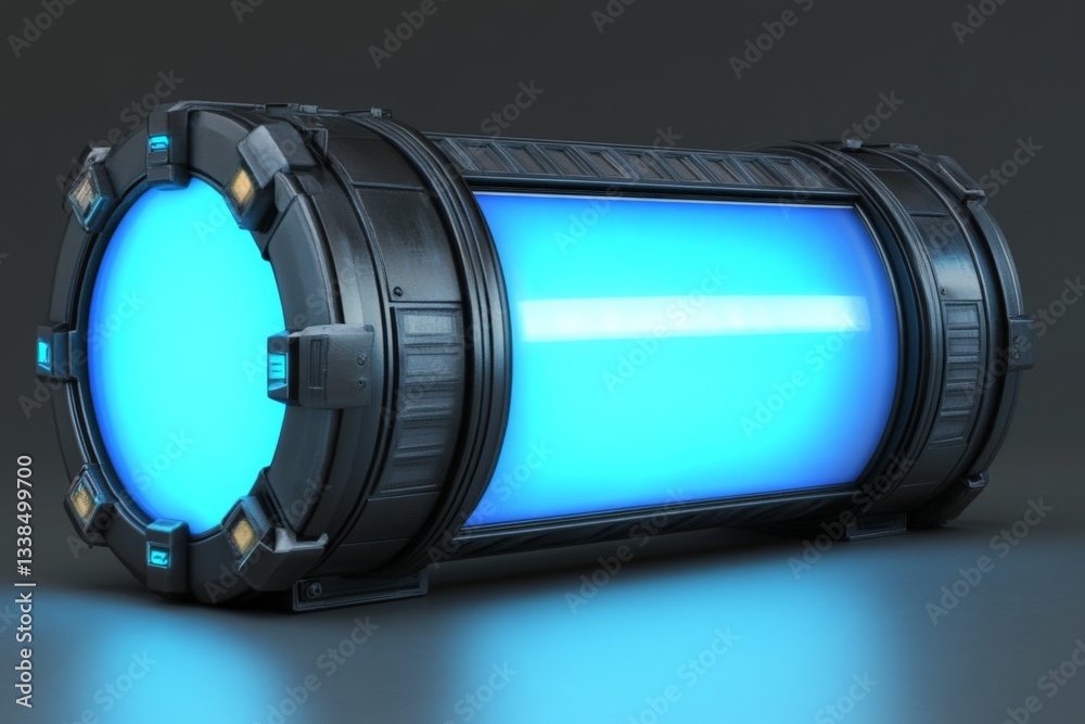 Poster futuristic cylindrical container with glowing blue light and metal framework, potentially for scienc