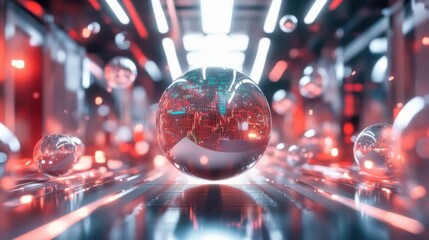 Futuristic spheres amidst a vibrant, sleek maze, representing advanced technology, motion, and connectivity, illuminating the essence of modern digital innovation and design.