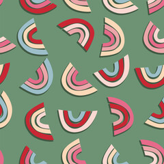 Obraz premium Trendy seamless pattern with colorful rainbow on color background. Design for invitation, poster, card, fabric, textile, fabric. Cute holiday illustration for baby. Scandinavian doodle style.