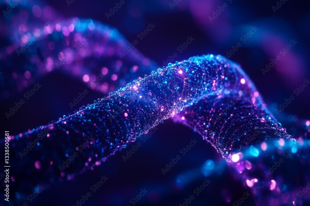 Poster abstract ribbon formed by glowing particles on dark background creates a sense of flowing energy