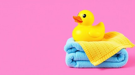 yellow rubber duck toy and towels on pink background