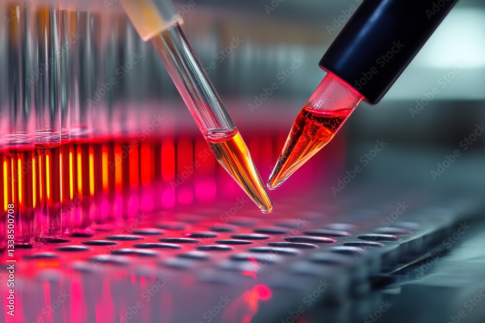 Poster in a lab setting, two pipettes are used to dispense and analyze red liquids into test tubes