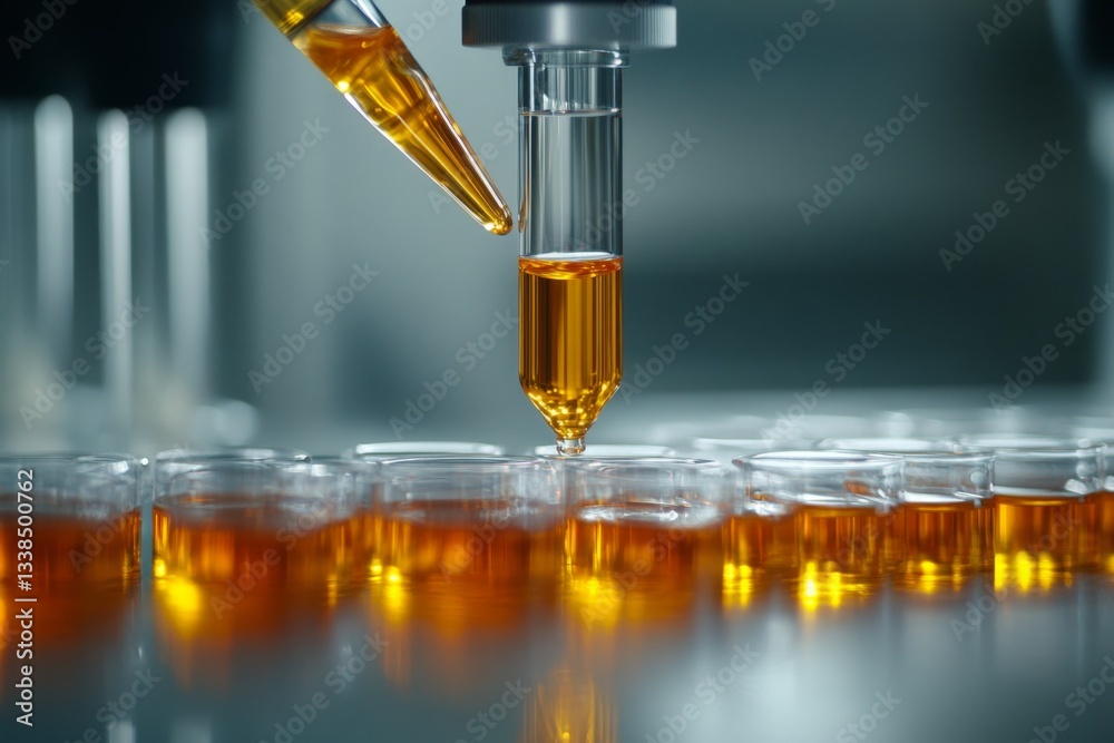 Poster Automated laboratory equipment dispensing amber liquid into multiple sample containers for scientific analysis