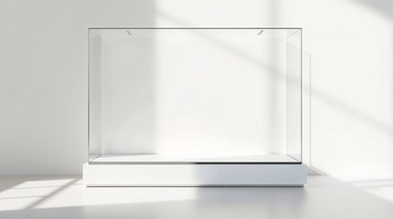Empty glass showcase mockup for shop, museum or gallery. Exposition stand interior, blank stage for product placement. Soft light with shadows