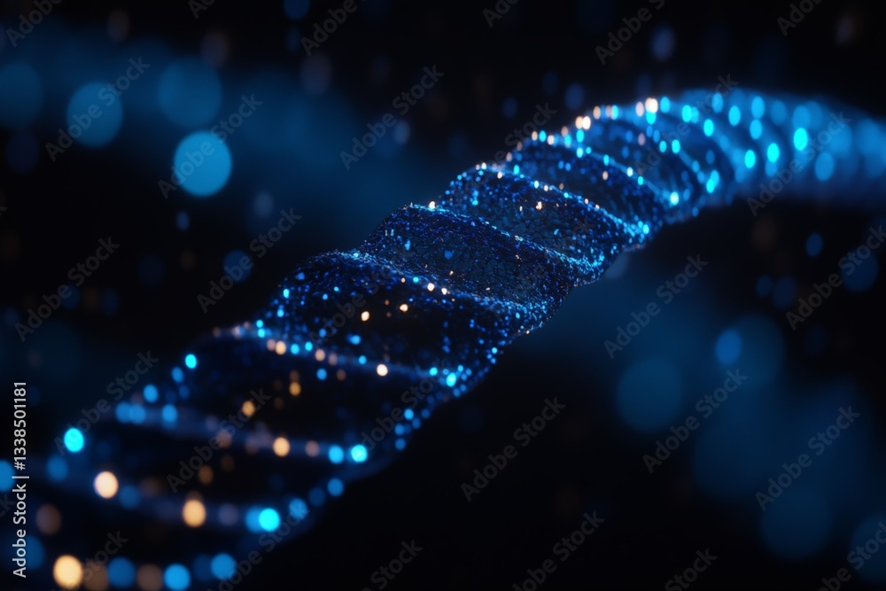 Poster abstract glowing dna helix structure with blue and gold specks floats in darkness
