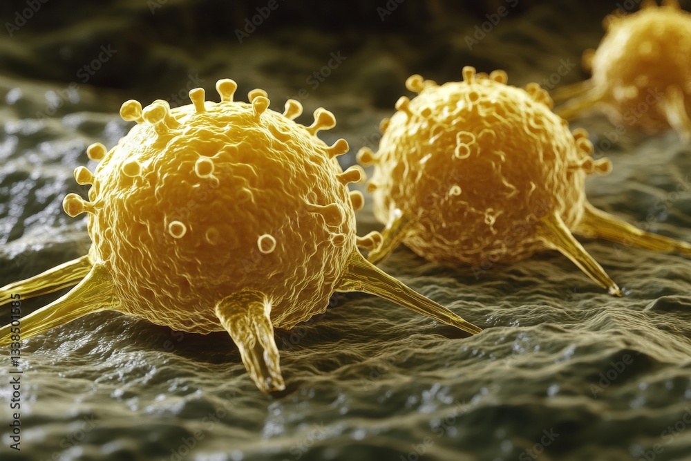 Aufkleber Microscopic view depicts multiple round, yellow cells with spikes on a textured surface
