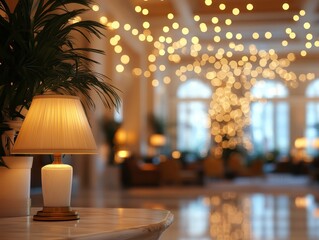 Elegant Hotel Lobby Ambiance with Lamp and Palm Plant Warm Bokeh Lights and Marble Table Creates a Luxurious and Inviting Atmosphere