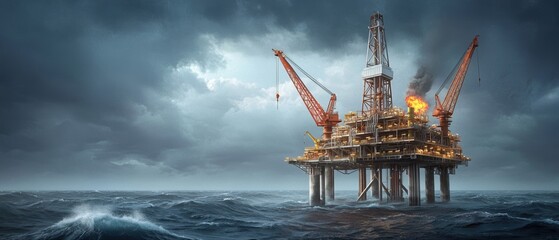 A dramatic offshore oil rig stands amidst turbulent seas and dark storm clouds, highlighting energy production's challenges and the raw power of nature.