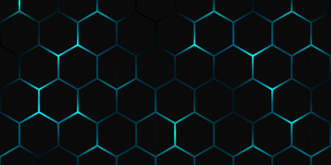 Fototapeta premium Glowing Hexagon Geometric Tech Wallpaper. Neon Blue Hex Grid Abstract Digital Background. Hexagon. Vector. 