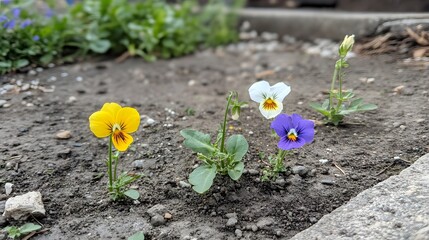 Vibrant Pansies Blooming in Garden Bed Soil