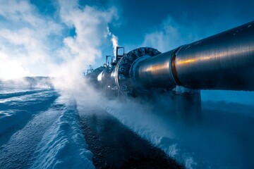 Large pipeline transports resources across a snowy arctic landscape during winter, creating condensation