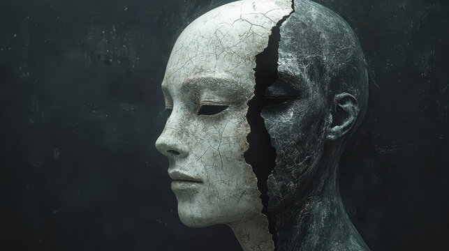 Human figure with cracked mask symbolizes the duality of emotions in bipolar disorder through surreal psychological expression