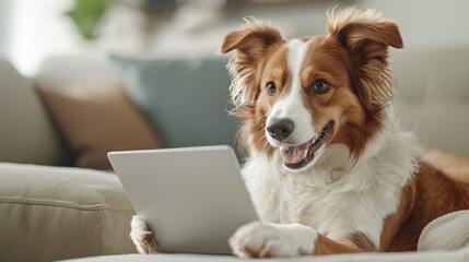 A cheerful dog using a tablet while sitting comfortably on a couch, surrounded by soft pillows, showcasing a cozy indoor lifestyle.