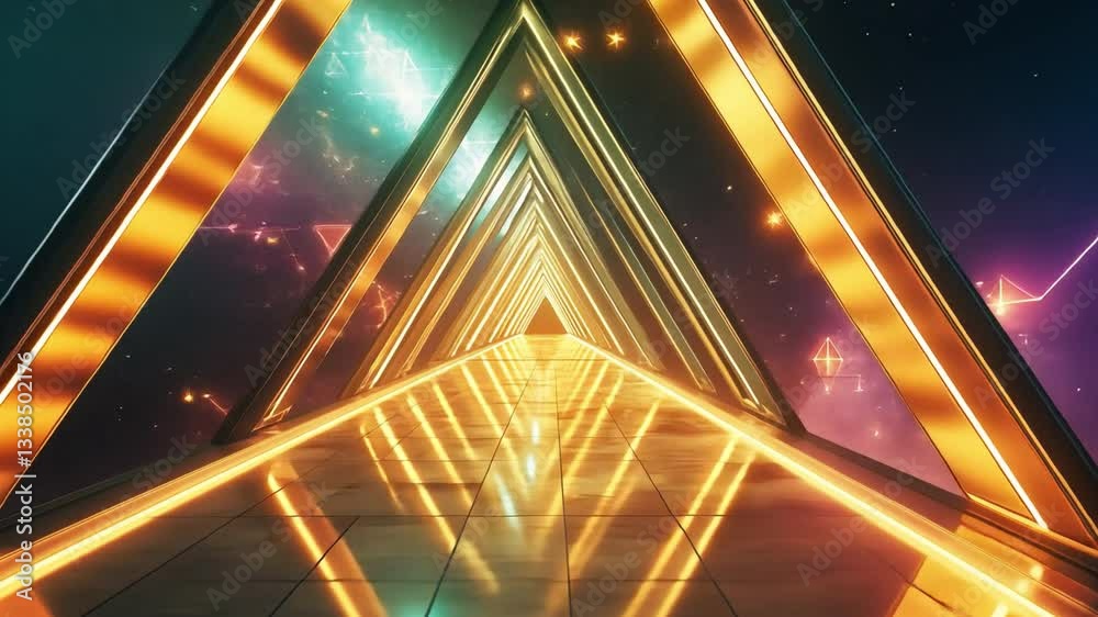 Poster illuminated triangle tunnel: a mesmerizing 3d rendering of an abstract tunnel composed of interlocki