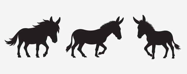 Vector illustration of three donkey silhouettes in different walking poses on a white background. Simple and minimalistic design, ideal for logos, icons, or decorative elements