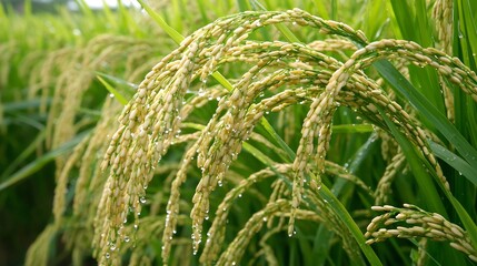 Golden rice paddy field with morning dew glimmering agriculture nature