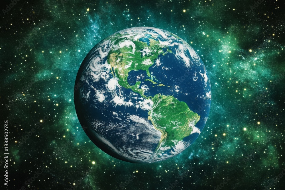 Poster view of earth from space with vibrant colors and detailed textures showcasing continents and oceans