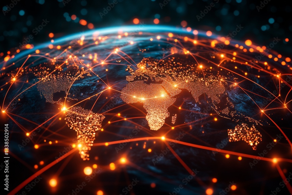 Poster global network connections illuminate the world with vibrant lights showcasing digital communication