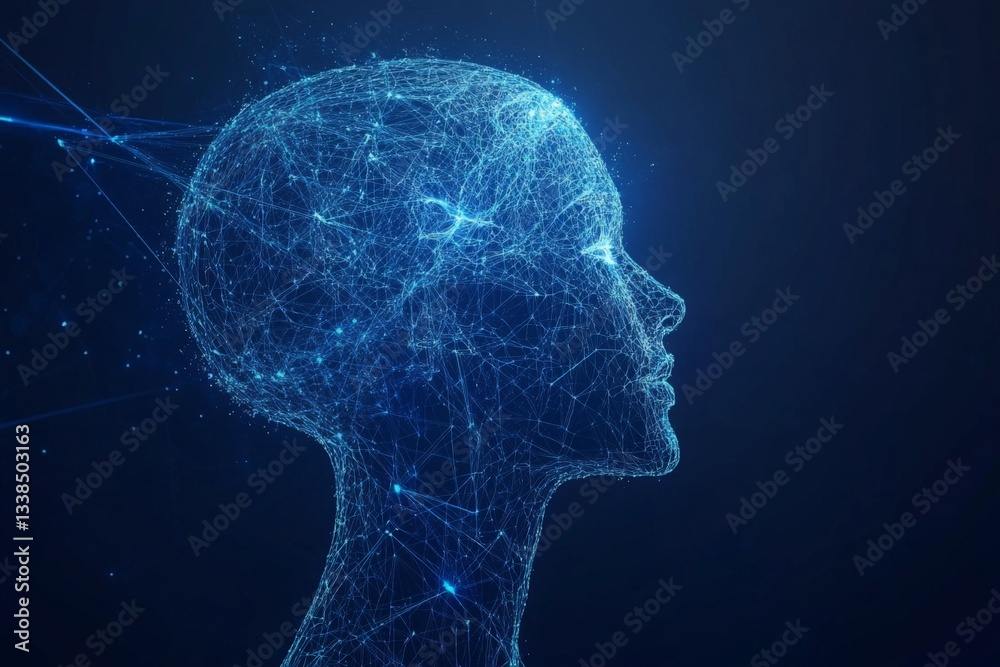 Poster Digital representation of a human head created with interconnected lines and dots in a blue hue