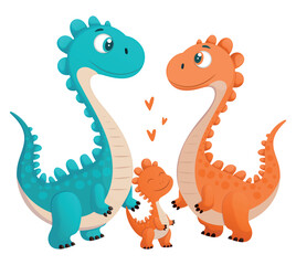 Cute dinosaur family. Happy parent and baby dino with love hearts. Adorable cartoon prehistoric characters. Vector art for kids, posters, and prints.