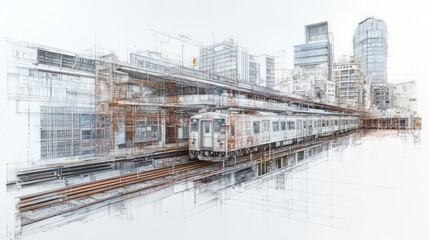 Fototapeta premium Train and station rendered in intricate architectural sketch style