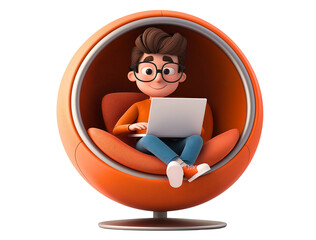 Cartoon character is working on a laptop while sitting on chair. The image represents remote work and online education concept. 3D rendering