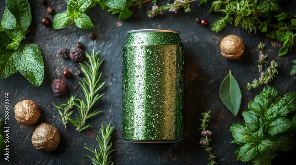Aufkleber a green beverage can sits in the center, surrounded by an array of fresh herbs like mint and rosemar