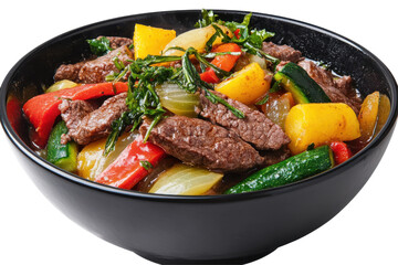 Colorful stir-fry with beef and vegetables in a bowl