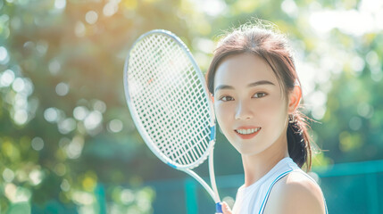 Young woman playing badminton.