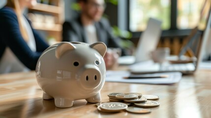 Couple discussing budget planning for their family's economic future with a piggy bank nearby