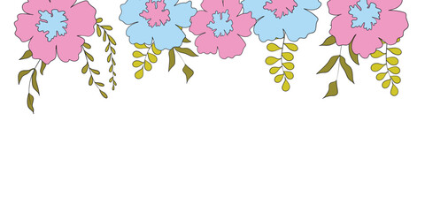 Hello spring banners collection. Background with color leaves, flowers. Nature concept design. Modern floral compositions in trendy flat simple style. Vector illustration for poster, greeting card.