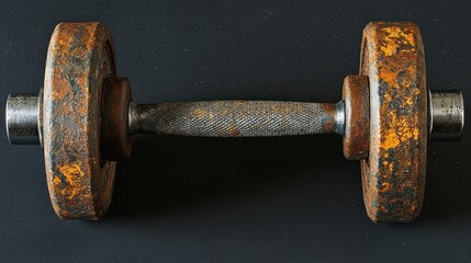 Fototapeta premium A rusty iron dumbbell showing signs of use and age on black background