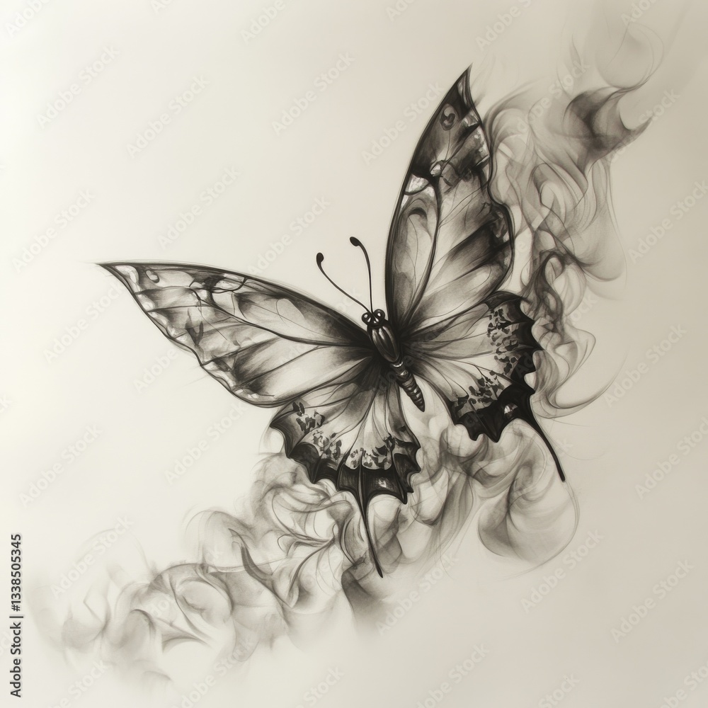 Poster abstract butterfly emerging from smoke: a study in charcoal and light on cream paper