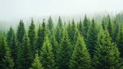 Fototapeta premium Misty Mountain Evergreen Forest: A Serene Panorama