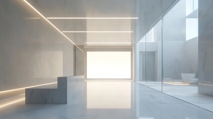 White Open Space Office Interior with Blank Wall