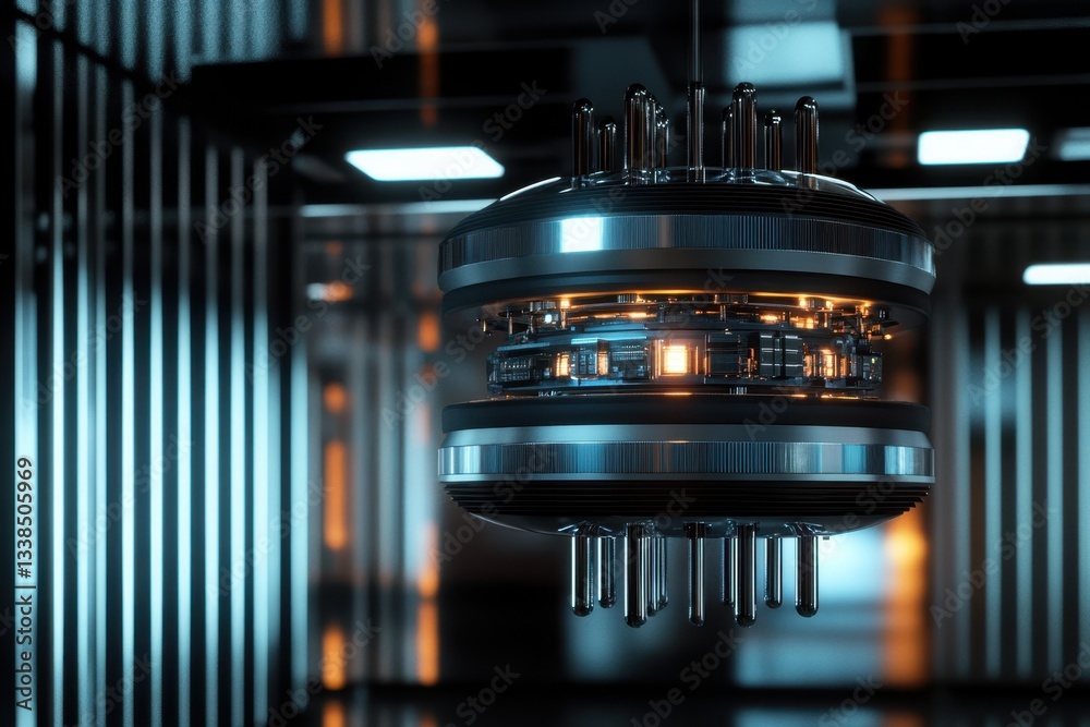 Poster futuristic quantum computer with intricate design and glowing circuits in modern lab