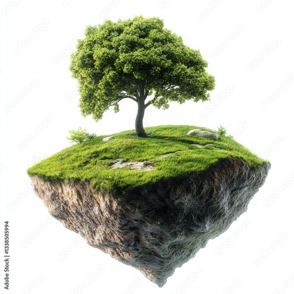 Poster A Serene Island: A Single Tree Standing Tall on a Floating Patch of Green Earth Against a Pristine White Background