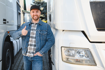 Portrait of confident truck driver on parking lot. Copy space