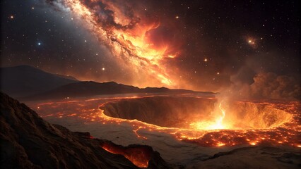 Fototapeta premium Galactic Inferno: A dramatic, artistic depiction of a volcanic eruption set against a breathtaking cosmic backdrop, where celestial elements meet terrestrial power.
