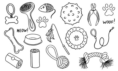 Hand Drawn Doodles Pet Supplies Pet Accessories - Hand drawn illustration of pet equipment, sketch style. Cartoon dog and cat grooming items: bowl, leash, toy, bone, mouse, comb, ring, bags, nippers © Myrcot