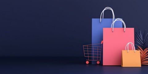 strategic marketing competitive analysis innovation concept. Colorful shopping bags and a cart on a dark background.