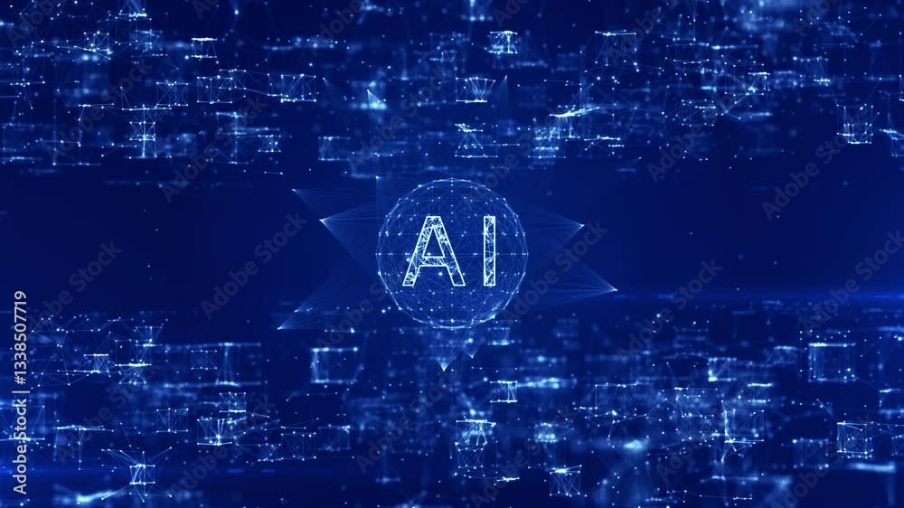 Poster ai text within a digital sphere, surrounded by a futuristic data network, symbolizing artificial int