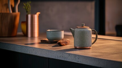 Obraz premium A clean, bright kitchen interior features a wooden counter and white walls, creating a minimal background for product display. 