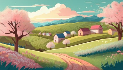 Handmade drawing vector illustration of countryside nature, cherry blossom trees, farms, fields and lawns