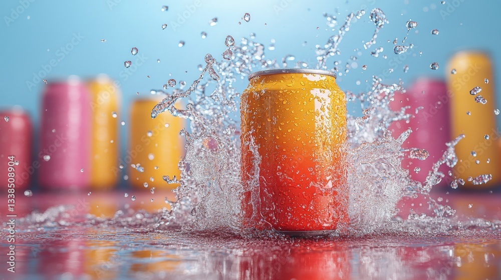 Poster A bright soda can with an orange and yellow gradient creates a splash in water, surrounded by additional colorful cans. It captures the playful essence of summer refreshment.